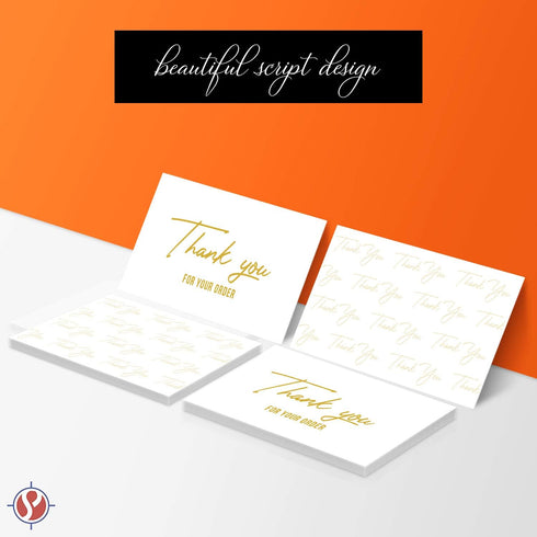 Package Inserts - Thank You For Your Order Business Note Cards, 100 Per Pack, 2 x 3.5” Thick Card Stock (Gold)