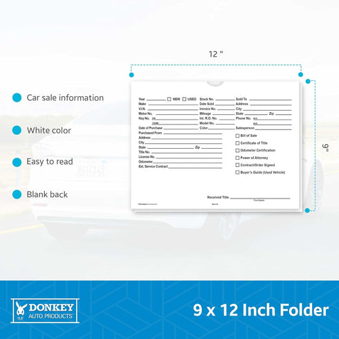 Printed Vehicle Deal Envelopes 9x12 Deal Jackets, 100 shrink wrapped, White