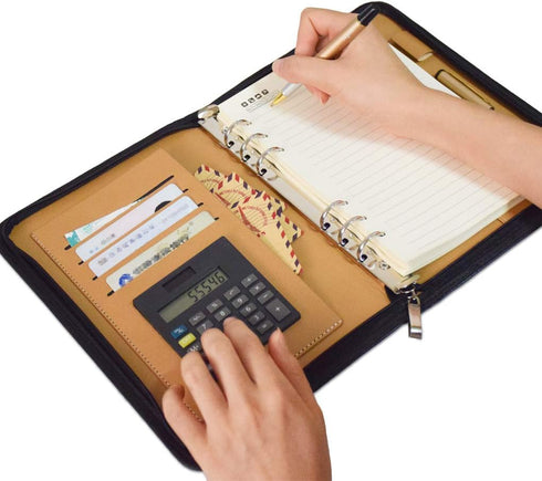SAYEEC Leather Portfolio Notebook Binder with Calculator, A5 6 Ring Refillable Budget Planner Cover with Zipper