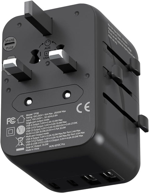 MINIX 35W Universal Travel Adapter, 6 in 1 International Power Plug with 3 USB C & 2 USB A Ports for 180+ Countries
