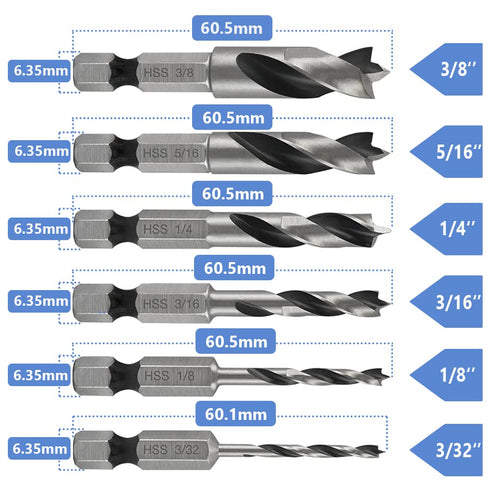 Mesee 6Pcs Brad Point Stubby Drill Bits Set, HSS 4241 Steel, 1/4" Quick Change Hex Shank for Woodworking