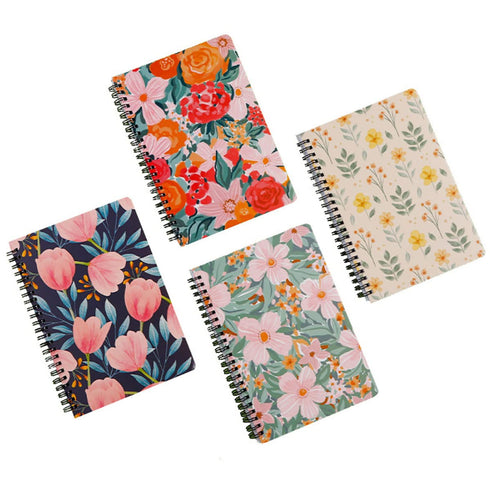 QIUKUI 4 Pieces A5 Flower Spiral Notebook Journal, Wirebound Ruled Sketch Book, Great for Students and Coworkers