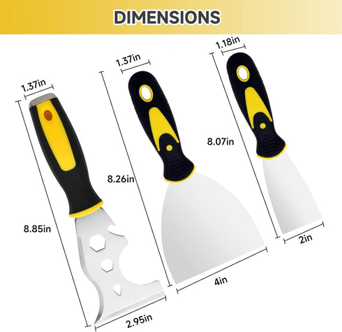 3Pcs Putty Knife, 2" 4" Spackle Knife Set Stainless Steel 15-in-1 Painters Scraper Wallpaper Scraper Tool for Repairing Drywall, Removing Wallpaper, Applying Putty, Plaster, Cement, Adhesive by Hyber&Cara