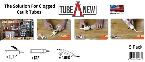 TubeANew Caulk Tube Saver, 1 Pack with 5 Pieces and 50 Red Caulk Caps for Repairing Dried or Clogged Tubes
