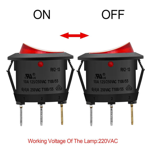 Round Rocker Switch ON-Off SPST, 3 Terminals Red Light, 10A 250VAC, 5 Pack.