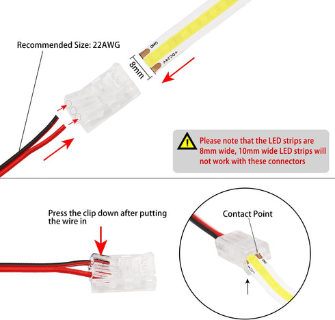 PAUTIX 8pcs 2-Pin 8mm COB LED Strip to Wire Connector Unwired Clips Solderless Adapter Terminal Extension Connection,4pcs L-Shaped Connectors for LED Strip Lights 12V 24V (Pack of 12) by PAUTIX