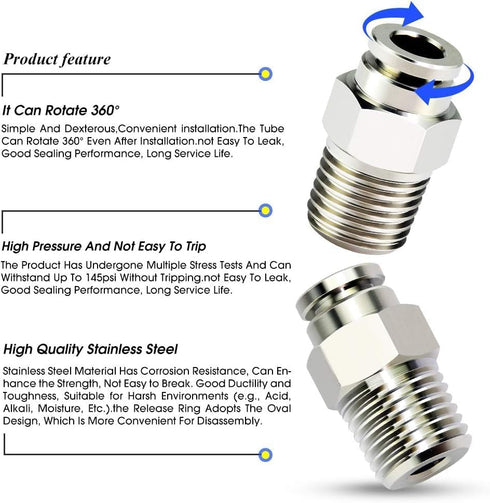 TAILONZ PNEUMATIC 304 Stainless Steel Male Straight 4MM Tube OD x 1/8 Inch NPT Push to Connect Fittings (Pack of 2)