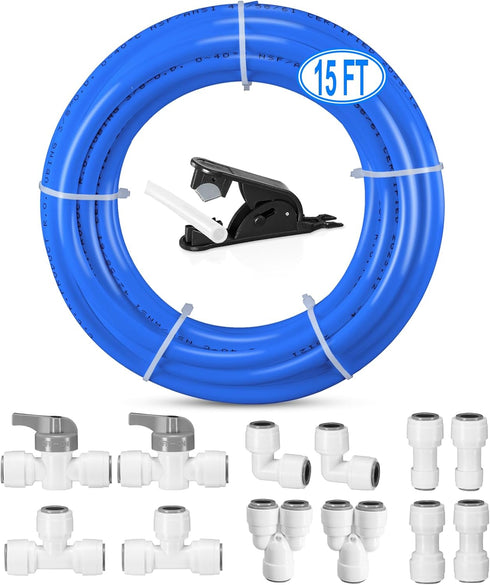3/8" O.D. RO Water Tubing: 15FT Food Grade PE Line + 12Pcs Quick Connect Fittings for RO Water Purifier System