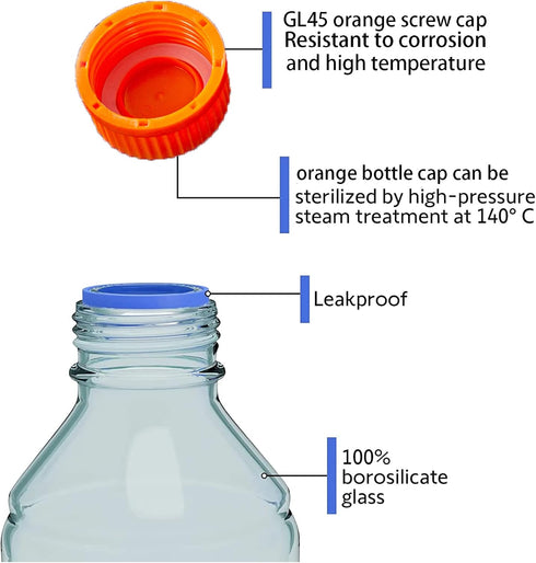 1000ml Round Borosilicate Glass Media Storage Bottles with GL45 Screw Cap, Maximum Temperature 249.8°F, Pack of 3