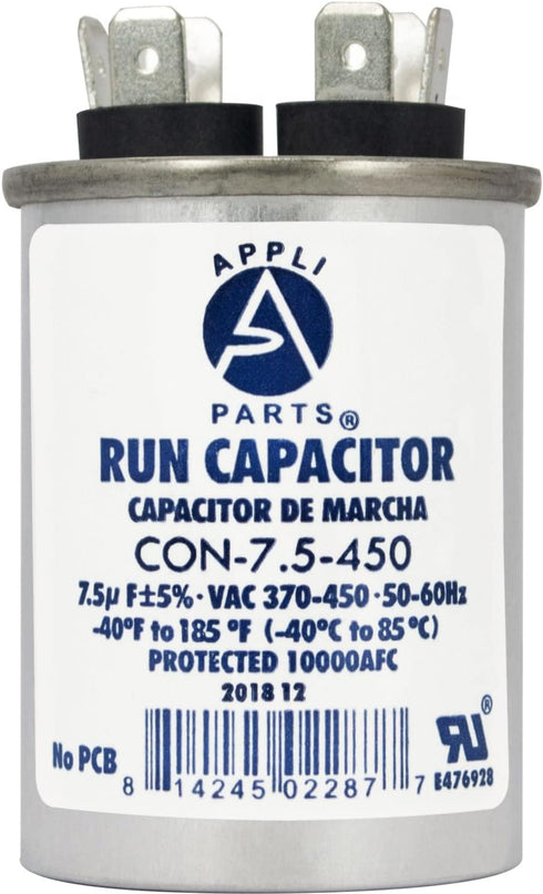 Appli Parts Run Capacitor for AC, 7.5 Mfd uF, 370/450 VAC, CBB65 Round Universal Fit for HVAC, 2-1/2" High, 1-1/2" Wide