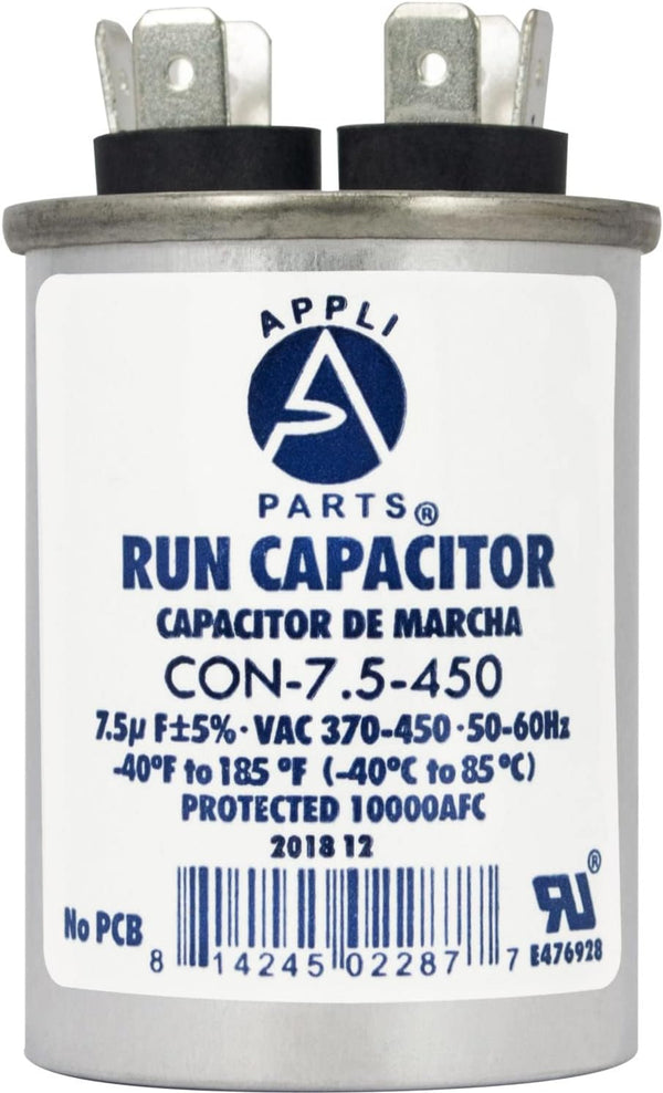 Appli Parts Run Capacitor for AC, 7.5 Mfd uF, 370/450 VAC, CBB65 Round Universal Fit for HVAC, 2-1/2" High, 1-1/2" Wide