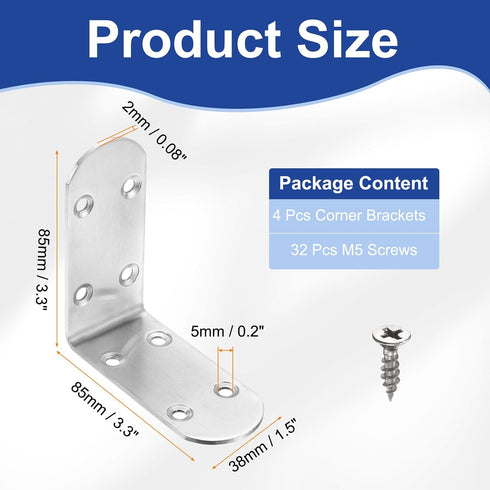 4pcs 3.3" 3.3" 1.5" 90 32 HARFINGTON L-Shaped Corner Bracket x x Stainless Steel Degree Angle Brace Joint Right Corner
