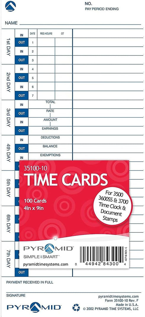 Pyramid Time Systems 3510010 100/PK Pyramid Time Cards f/Time Recorder Black