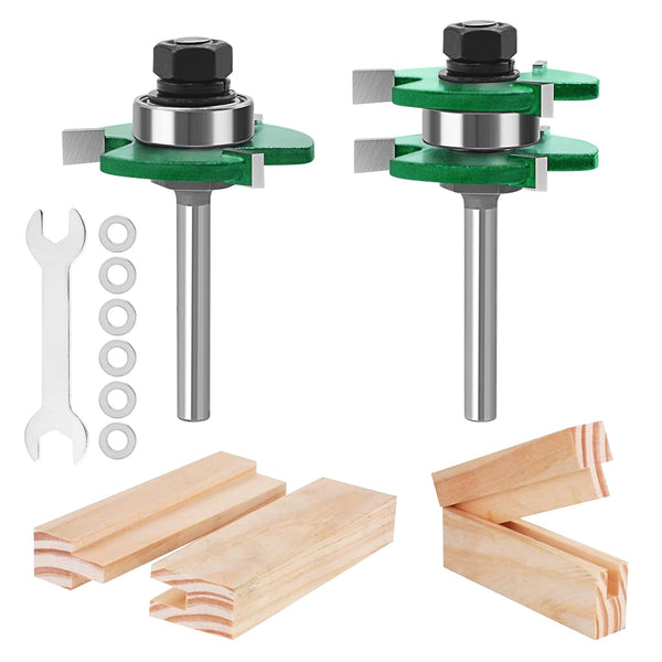 Pro Tongue and Groove Router Bit Set, 2 Pieces 1/4 Inch Shank Router Bit Set, 3 Teeth Adjustable T Shape Wood Milling