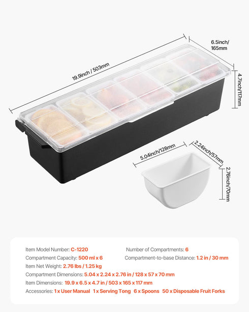 6 VEVOR Chilled Condiment Server, Compartment Ice Cooled Condiment Serving Container, Chilled Garnish Tray Bar Caddy