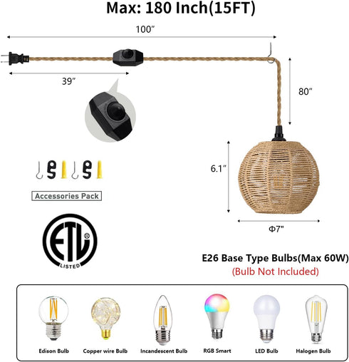 15ft Dimmable Plug in Pendant Light with Cord Switch Rattan Hanging Lamp with Hand Woven Wicker Plug in Chandelier Boho