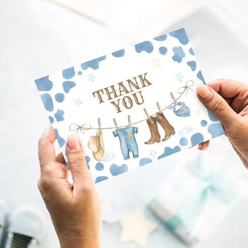 50 Pack Whaline Western Cowboy Baby Shower Thank You Card Boxed Blue Cow Print Baby Clothes Greeting Cards
