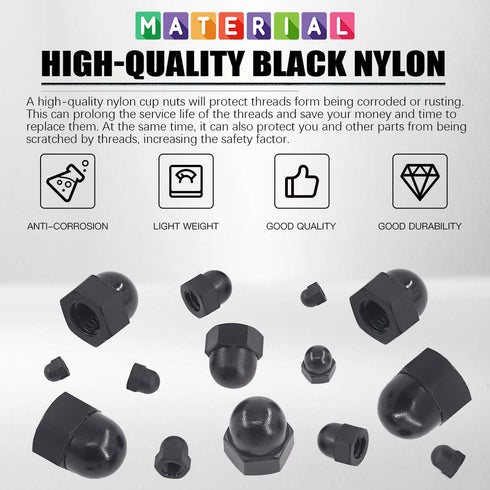 Glarks 100pcs Black Nylon Acorn Hex Nuts Set, M3 M4 M5 M6 M8 M10 M12 Decorative Hexagon Cap Nuts