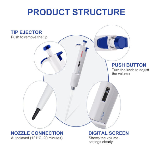 10mL Micropipette, 1-10mL Lab Single Channel Micro Pipettes, Adjustable Volume for Laboratory Use
