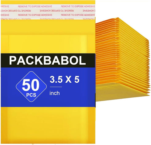 Packbabol Kraft Bubble Mailers 3.5x5 Inch, 50 Pack Self-Sealing Paper Envelopes for Strong Adhesion Shipping