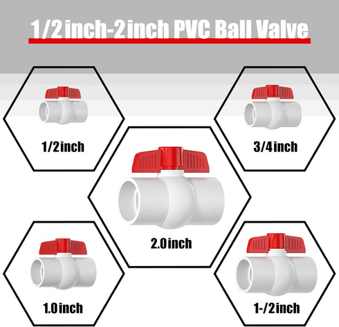 2PCS 2" PVC Ball Valve, SCH40 Slip PVC Water Pipe Valve with Easy Turn Red T-Handle for Swimming Pool & Irrigation