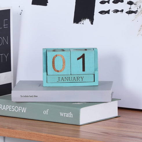 Wooden Desk Calendar Blocks, Perpetual Date Block for Teachers, Rustic Decoration, Small Home Desktop Decor (Ocean Blue)
