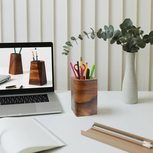Winterworm Olivary Wooden Pencil Holder, Walnut Wood Pen Container, Makeup Brush Holder, Desk Accessories for Home