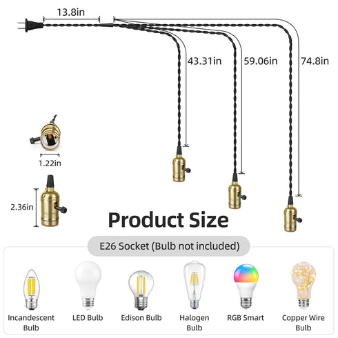 1-to-3 E26/E27 Vintage Plug-in Pendant Light Kit with Hanging Sockets, Industrial Hanging Light with Individual Rotary