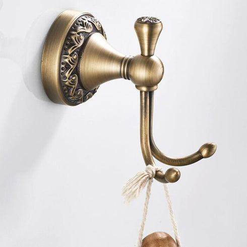 Antique Bronze Brass Bath Towel Hooks - Wall Mounted Bathroom Hardware Accessories with Pattern Carving Design
