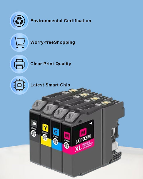 LC103XL High Yield Ink Cartridges Replacement for Brother LC103XL LC101 XL (BK/C/M/Y, 4-Pack)