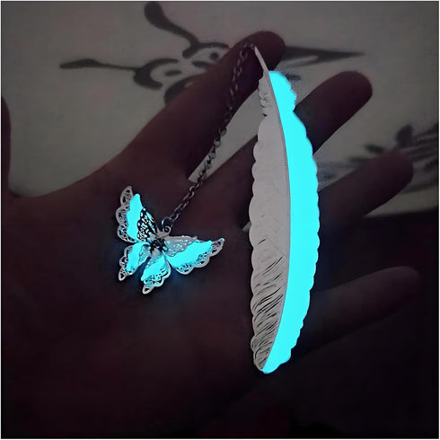 Feather Metal Bookmark with 3D Butterfly Pendant, Unique Glow in The Dark Bookmark Gift for Women