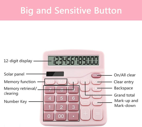 Office Calculators Desktop, 12-Digit Dual Power Cute Calculator with Large LCD Display Big Button for Office Home and School (Pink)