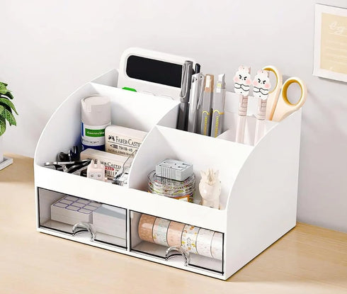 LA Bear White Desktop Organizer with Drawers for Office, Versatile Aesthetic Desk Organizer for Pens and Stationary