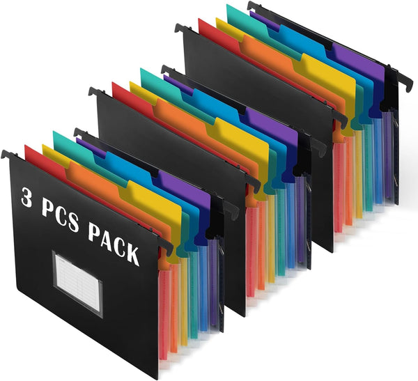 TRANBO 2-in-1 Expanding Hanging File Folders, 7 Pockets Accordion File Organizer with Retractable Hook, 3 Pack