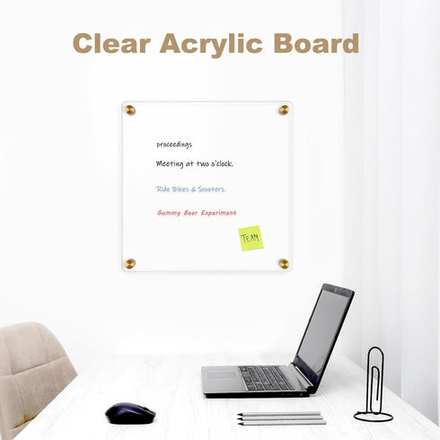 Clear Acrylic Dry Erase Board, 12" X 12" Golden Non-Magnetic Frameless White Board for Wall, Home, Office, 2 Markers