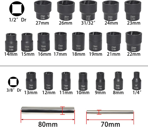 22 Set, 1/2" 3/8" Frozen Set, Pcs Bolt Nut Extractor and Drive Wheel Lock Removal Kit for Extracting Damaged, Stripped