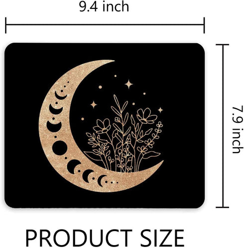 Black Gold Moon Mouse Pad, 9.4 x 7.9 Inch, Boho Non-Slip Rubber Mat for Desk