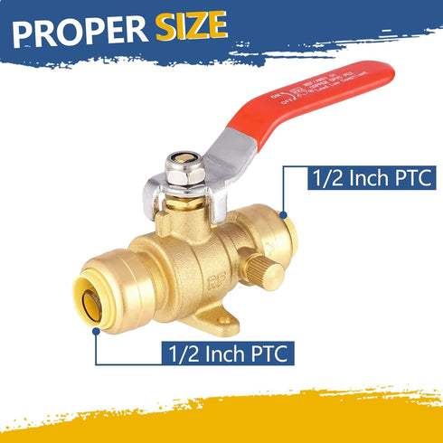 1/2 Inch Push-fit Drop Ear Ball Valve with Drain, Full Port Brass Shut off Ball Valve, Pack of 2 for Copper, PEX, CPVC