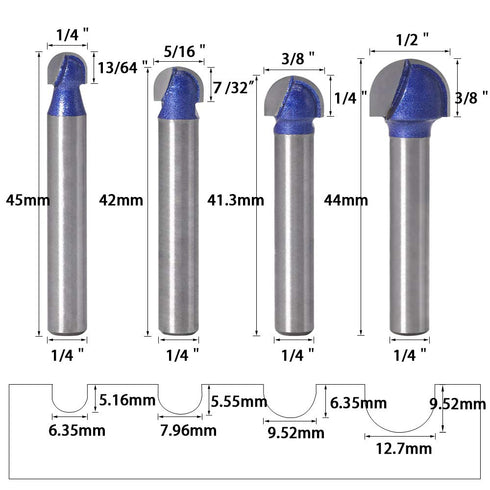 4pcs 1/4 Inch Wolfride Core Box Router Bit Shank Round Nose Cove Box Router Bits