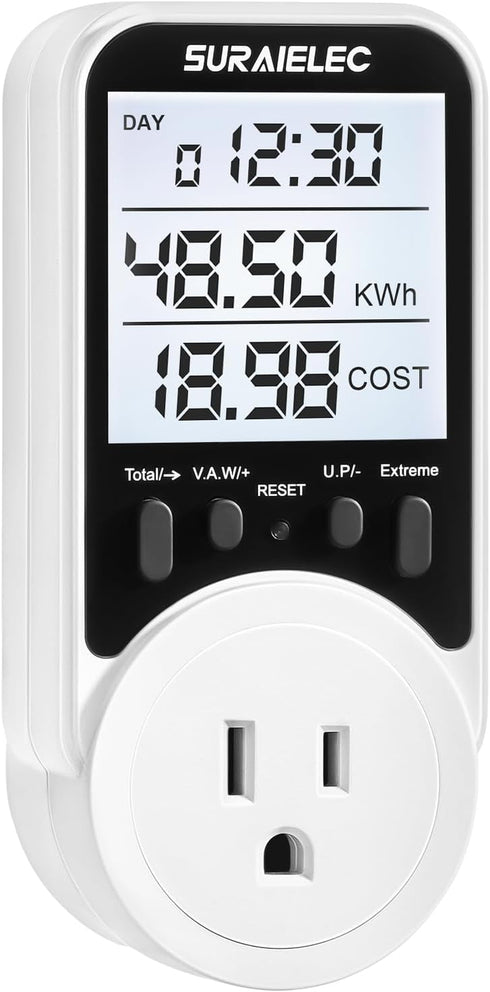Suraielec Watt Meter - Plug-in Socket Power Meter, 90V-250V, Backlit Display, Auto Cost Calculator, Electricity Monitor