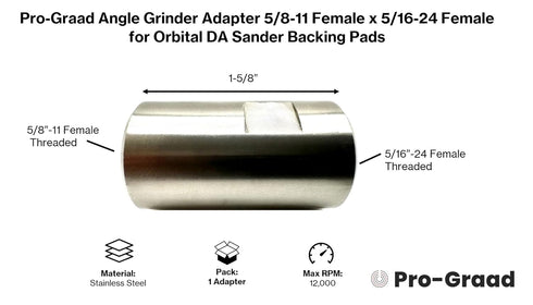 54040 Stainless Steel Angle Grinder Adapter 5/8-11 Female x 5/16-24 Female, Arbor Adapter compatible for use with 5/16”-24 Threaded DA Backer Pads on Angle Grinder with 5/8”-11