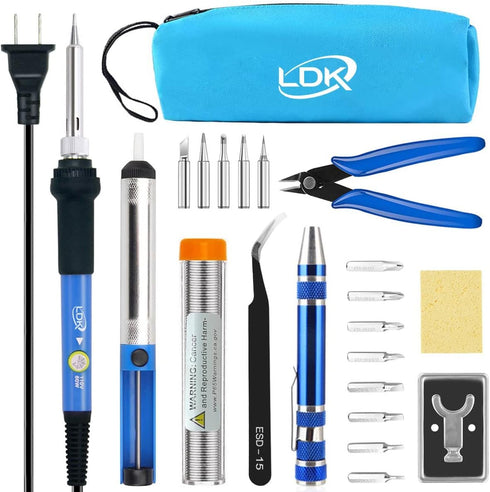 LDK Electric Soldering Iron Kit, 60W Adjustable Temperature with 5 Tips, Desoldering Pump, Carry Bag