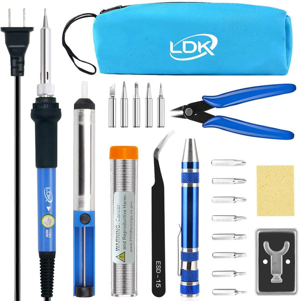 LDK Electric Soldering Iron Kit, 60W Adjustable Temperature with 5 Tips, Desoldering Pump, Carry Bag