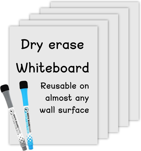 Self-stick Dry Erase Sheets for Wall, 9 x 12 Inch - 5 Pack with 2 Markers, Restickable Whiteboards for Smooth Surfaces