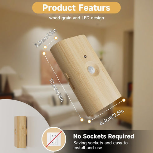 3600 3 10-100LM Dimmable, 2-Pack Wood Grain Night Light with Motion Sensor, Magnetic Attachment, Wireless, mAh Type-C
