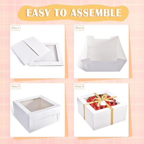 16Pcs Cake Boxes with Cake Boards (8Pcs White Boxes, 8Pcs Boards), 12x12x6 Inch Bakery Boxes with Window for Parties