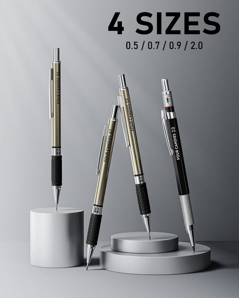 FourCandies 25PCS Art Mechanical Pencil Set with Case, 3PCS Metal Artist Lead Pencil 0.5, 0.7, 0.9 mm & 3PCS 2mm Lead