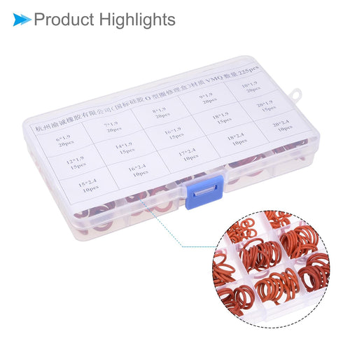 Silicone Rubber O Ring Assortment Kit, 15 Sizes, 225-Pieces for Automotive Plumbing Sealing Repair