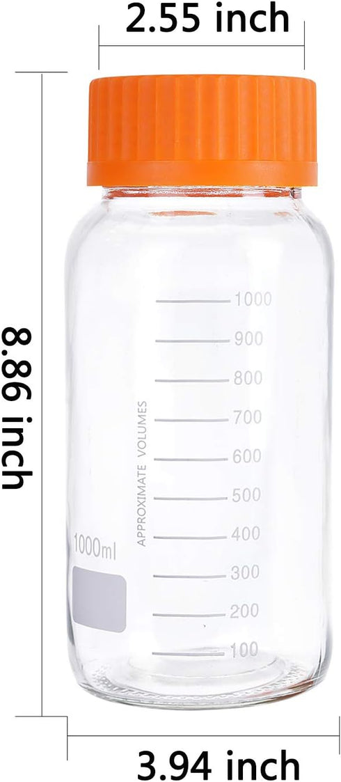 3 Pack 1000 mL Wide Mouth Graduated Round Reagent Media/Storage Lab Glass Bottle with GL80 Orange Cap