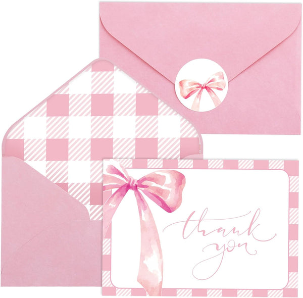xieketn 36 Pcs Pink Thank You Cards with Envelopes Stickers, Coquette Bow Baby